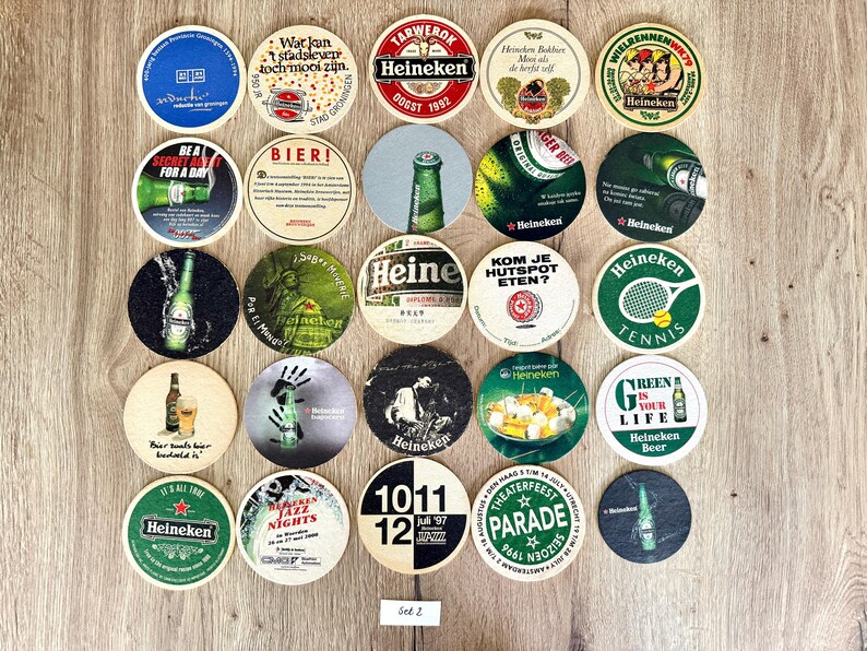 25 sottobicchieri vintage della Heineken. Da tutto il mondo. Marchio di birra olandese. Set 2