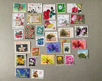 Vintage postzegels met een bloementhema. postzegels, set van 30, wereldwijd, rozen, bloem, nostalgisch