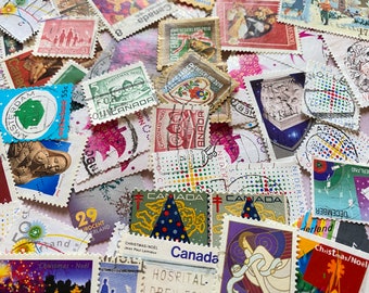 100 christmas poststamps used, Christmas poststamps lucky dip Xmas poststamps from all over the world used stamps christmas theme