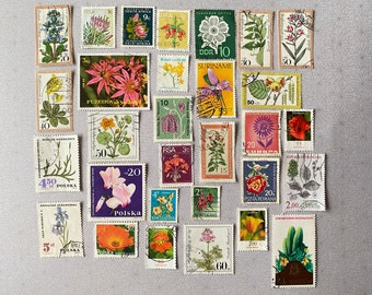 Vintage postzegels met een bloementhema. postzegels, set van 30, wereldwijd, rozen, bloem, nostalgisch