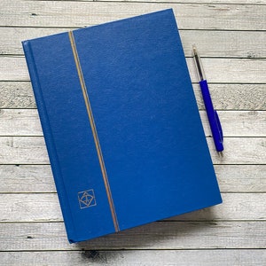 A5, azul, álbum de sellos vacío, colección, formato A5, sellos postales, álbum, junkjournal, libro de sellos postales, álbum de filatelia, faro, estados unidos