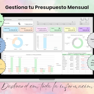 Plantilla Gestión de Finanzas Personales / Dashboard de Ingresos y Gastos / Seguimiento Presupuesto Mensual / Excel / Google Sheets /Planner