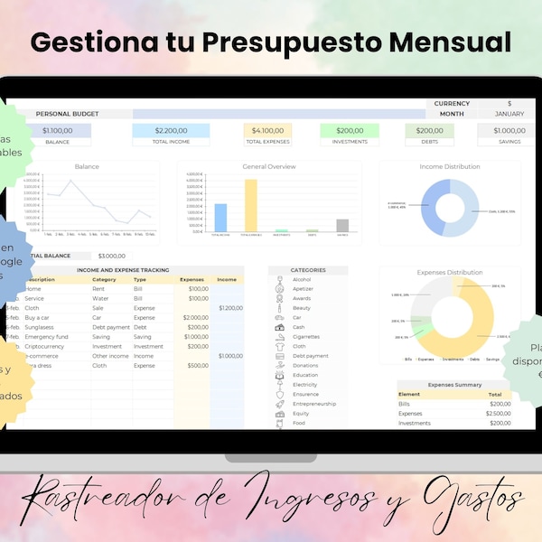 Plantilla para la Gestión de Finanzas Personales / Excel / Rastreador de Ingresos y Gastos / Seguimiento Presupuesto Mensual / Bookkeeping