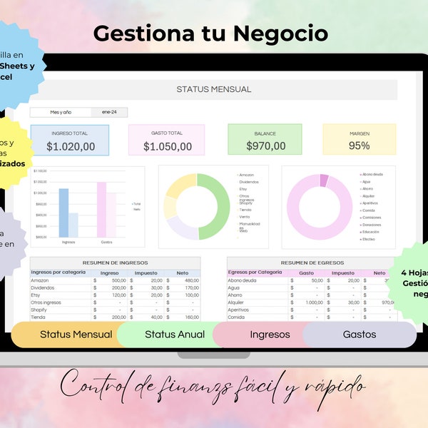 Plantilla para Gestión de Negocios Sencilla y Fácil de Usar | Excel y Google Sheets | Registra los Ingresos y Gastos | Easy Bookkeeping