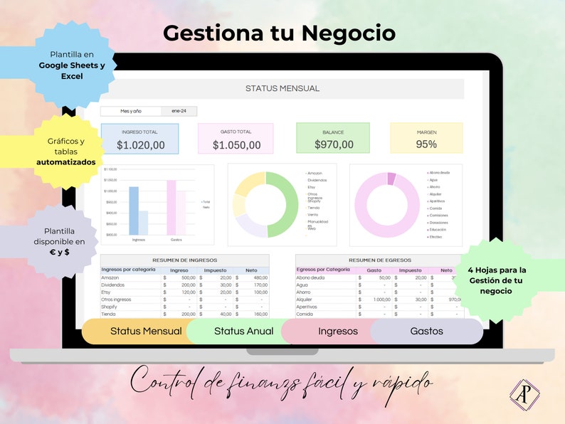 Plantilla para Gestión de Negocios Sencilla y Fácil de Usar / Excel y Google Sheets / Registra los Ingresos y Gastos / Easy Bookkeeping imagen 1