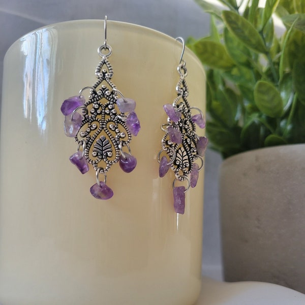 Chandelier Earrings with Amethyst Gemstones, unique gemstone earrings, dangle gemstone earrings, chip crystal earrings, crystal earrings