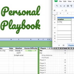 May include: A spreadsheet with a green heading that says "Personal Playbook". The spreadsheet is divided into columns with headings such as "Location", "Date", "Weather", "Course Difficulty", "Players", "1", "2", "3", "4", "5", "6", "7", "8", "9", "Total", "10", "11", "12", "13", "14", "15", "16", "17", "18", "Total Opportunities for Improvements". The spreadsheet contains data related to golf scores and tournament checklists.