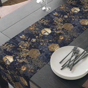 Beautiful Dark Blue and Gold Floral Honeycomb Design Table Runner | Luxurious Dining Table Decor | Bee Print Runner Table | Home Decor