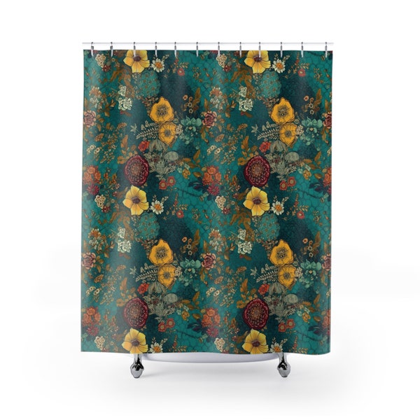 Stunning Custom Design Teal Honeycomb Floral Print Shower Curtains 71" x 74" | Bathroom Decor Curtain | Shower Curtain
