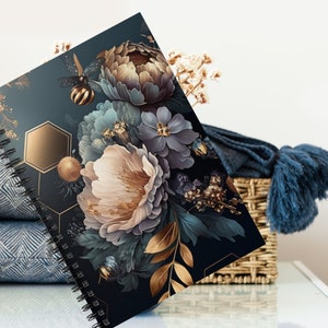 Honeycomb Bee And Dark Floral Print Spiral Notebook Journal With Line Pages Unique Gift Birthday Mother's Day Notepad For Mom Housewarming