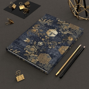 Beautiful Dark Blue Gold Bee Honeycomb Floral Hardcover Journal Matte, Lined Journal, Writing Notebook, Daily Journal, Writers Notes,