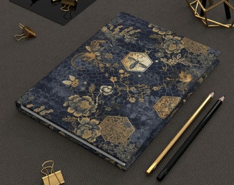 Beautiful Dark Blue Gold Bee Honeycomb Floral Hardcover Journal Matte, Lined Journal, Writing Notebook, Daily Journal, Writers Notes,