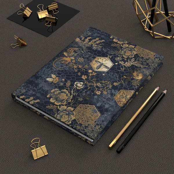 Hermoso azul oscuro oro abeja panal Floral tapa dura diario mate, diario rayado, cuaderno de escritura, diario diario, notas de escritores,