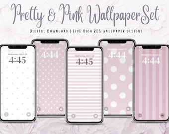 May include: Set of five digital phone wallpapers featuring a pink background with different patterns: polka dots, stripes, and a combination of polka dots and stripes. The time is displayed on each wallpaper, showing "Wednesday, March 29" and the time "4:45" or "4:44".