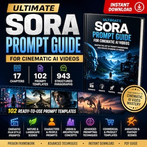 Peut inclure: Couverture de livre intitulée "Ultimate Sora Prompt Guide for Cinematic AI Videos". L'image présente un design futuriste avec une personne et une caméra. Le guide propose 102 modèles d'invites et couvre les styles de films et l'animation.