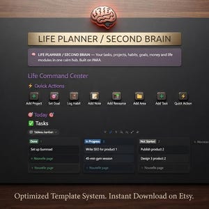 Peut inclure: Un modèle numérique de Life Planner et Second Brain avec une interface sombre, une icône de cerveau, un centre de commande, des actions rapides et un tableau Kanban pour les tâches. Il inclut des sections pour les projets, habitudes et objectifs.