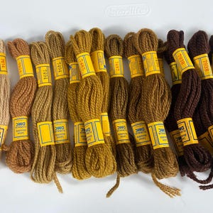 May include: A collection of DMC embroidery floss in various shades of brown and tan. Each skein is wrapped with a yellow label displaying the DMC logo and a color code. The floss is arranged in a neat, organized display.