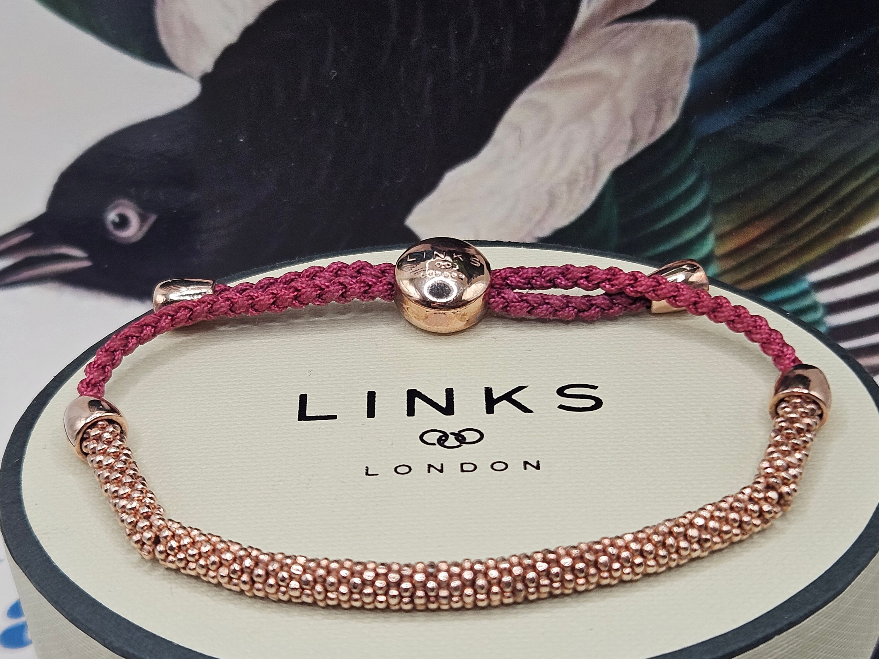 Gorgeous Links of London Rose Gold Vermeil Effervescence Star XS Burgundy Cord Bracelet New Condition Stamped s925