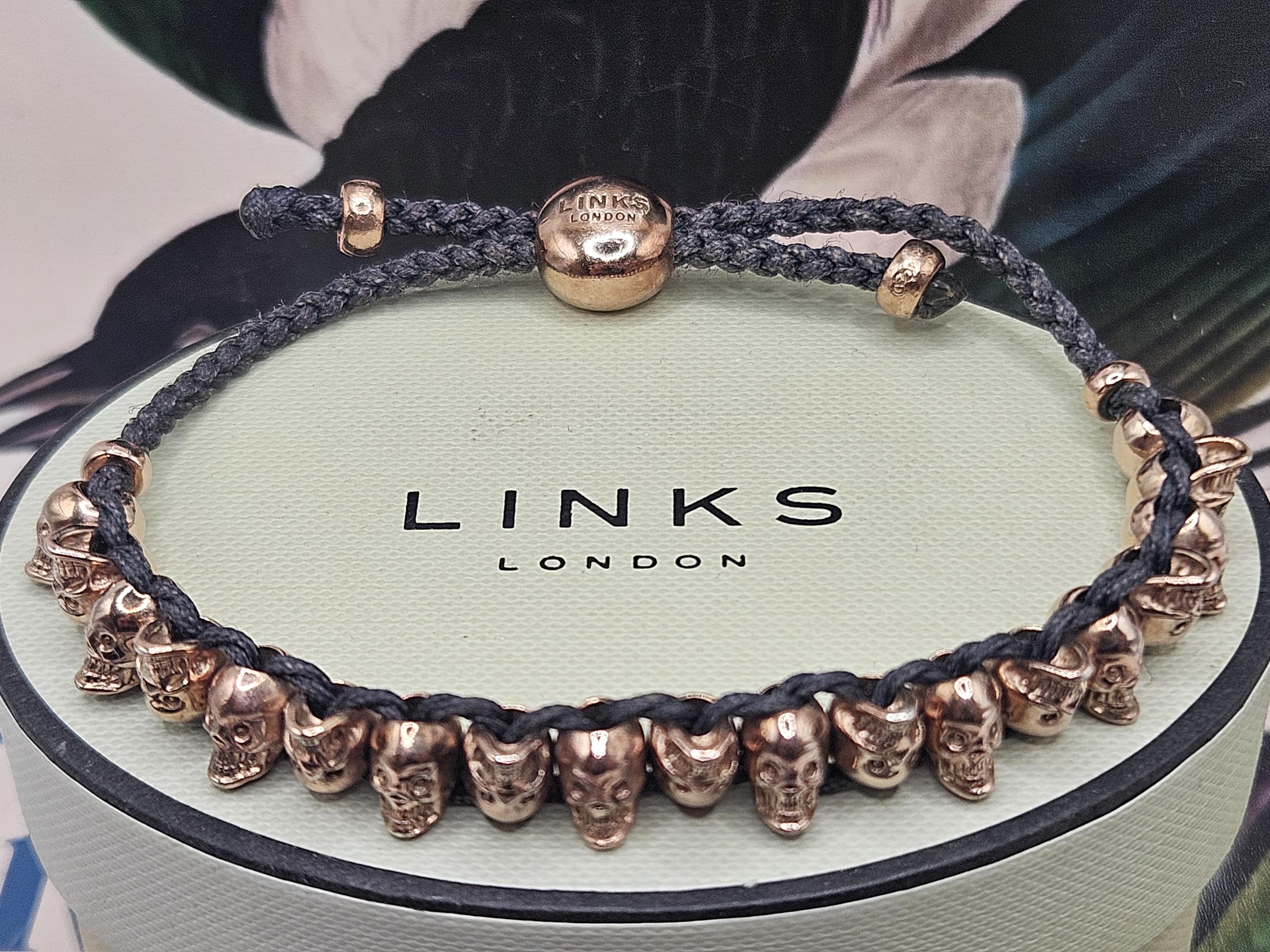 Links of London Mini Skull Friendship Bracelet, Charcoal Cord, 18k