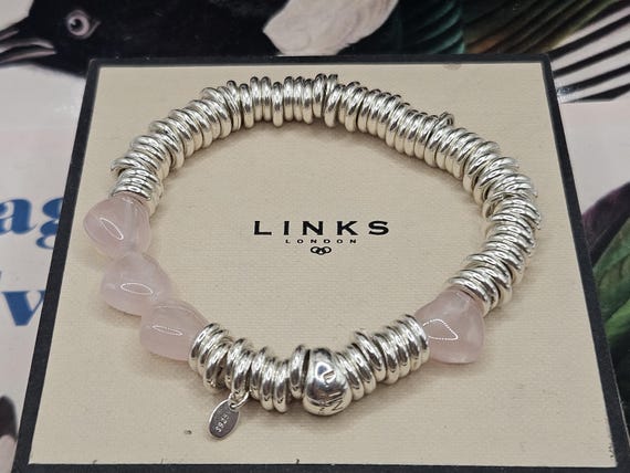 Exceptional Links of London Sweetie Candy Hearts Bracelet, Sterling Silver, Rose Quartz, Hallmark, Restrung, PRISTINE, Medium Size