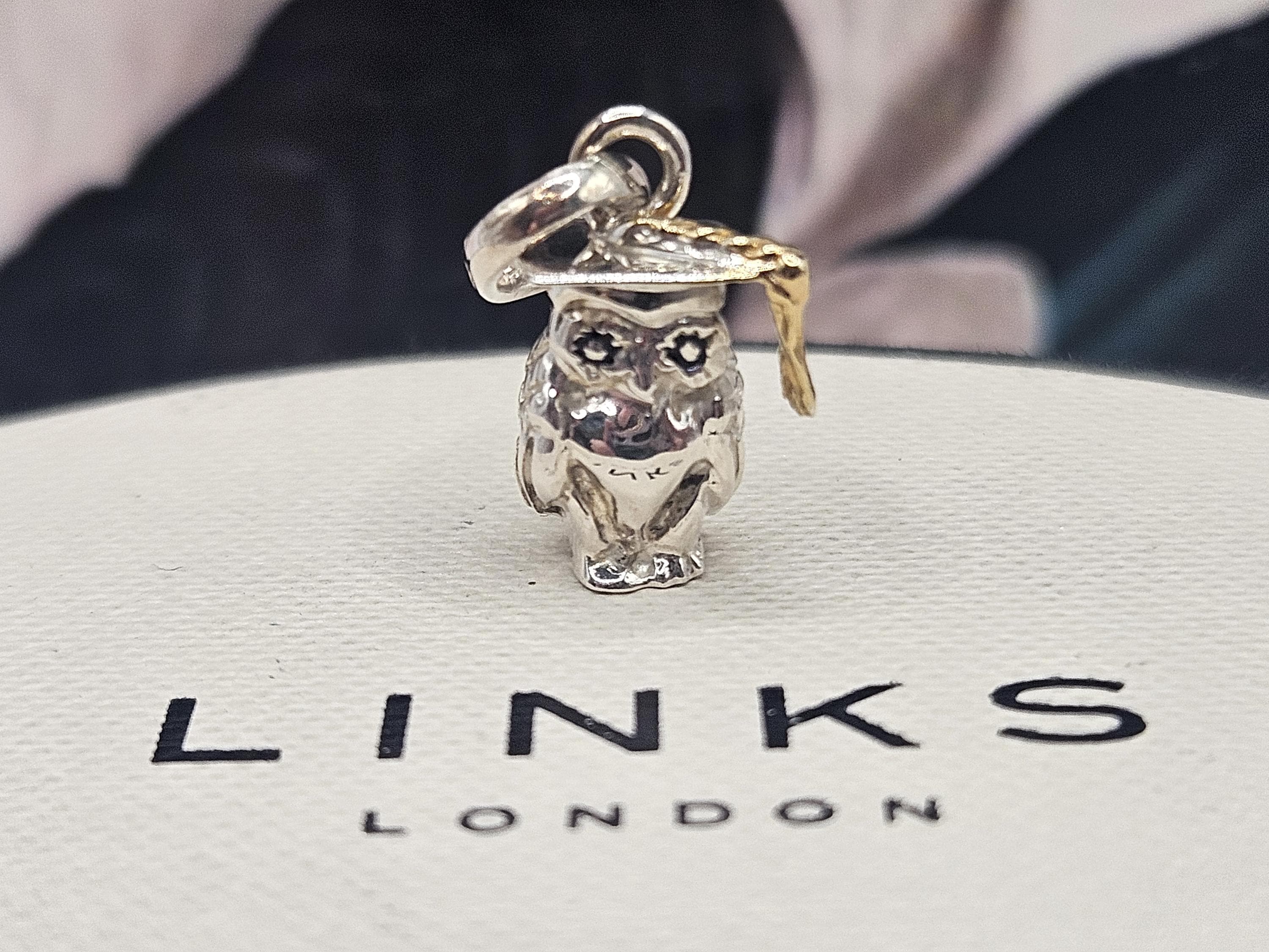 Fabulous Links of London Graduation Owl Charm, Sterling Silver, 18k Gold Vermeil Detail, Enamel Eyes