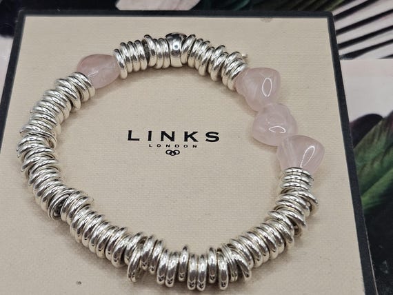 Exceptional Links of London Sweetie Candy Hearts Bracelet, Sterling Silver, Rose Quartz, Hallmark, Restrung, PRISTINE, Medium Size View 3