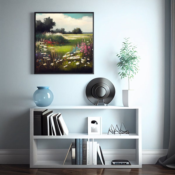Wildflower Landscape OilPainting, Instant Digital Download, Oil Painting, digital art print, home decor wall art prints