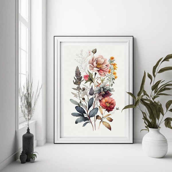 Printable Watercolor Flowers, Wall Art Print, Pastel Flower Art, Illustration for Digital Art Prints and Wall Decor