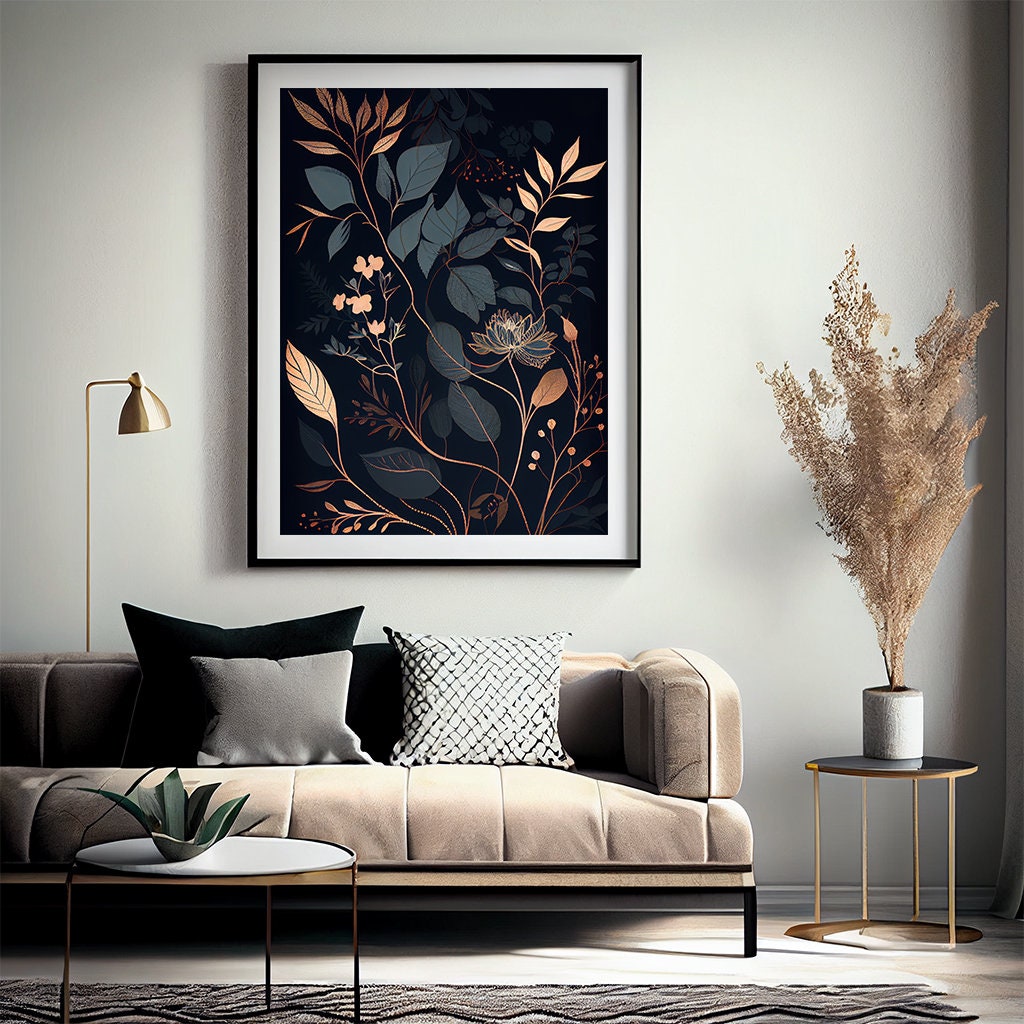 Floral Pattern Black Background, Wall Art Prints Dark, Printable Wall ...
