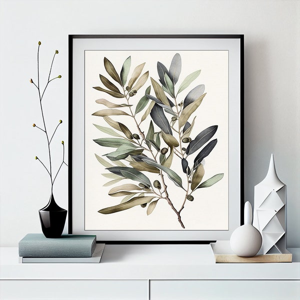 Hojas de olivo de acuarela, rama de olivo serena, arte de hoja de acuarela, impresiones de arte de pared imprimibles, decoración del hogar, descarga digital descargable