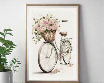 Vintage French Shabby Bicycle - Watercolor Wall Art - Printable Digital Download