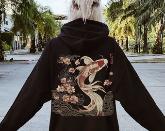 Cozy Vintage Japanese Koi Fish Hoodie Nautical Animal Asian Art Nouveau Japan Hooded Sweater Pond Top Urban Unisex Spring Shirt Tokyo Style