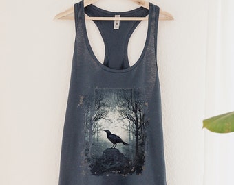 Gothic Raven Forest Night Tank Top Witchy Art Shirt Dark Academia Sweatshirt Crow Woods Muscle Tee Streetwear Clothing Minimalist Grunge