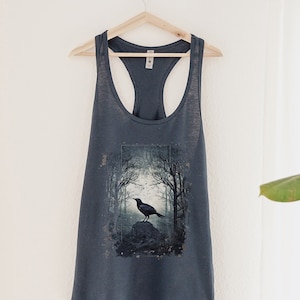 Gothic Raven Forest Night Tank Top Witchy Art Shirt Dark Academia Sweatshirt Crow Woods Muscle Tee Streetwear Clothing Minimalist Grunge