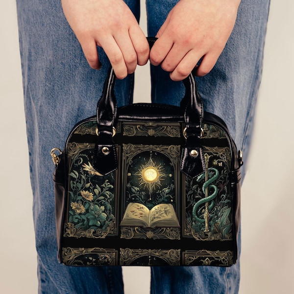 Vintage Witchy Mystical Sun Grimoire Shoulder Handbag Magic Book Healing Gothic Celestial Crossbody Bag Witch Dark Academia Tarot Purse Gift