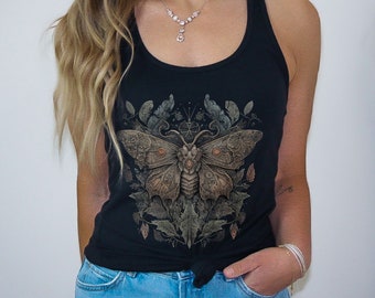 Vintage Fall Moth Tank Top Butterfly Shirt Nature Forest Green Witch Aesthetic Cottagecore Muscle Tee Fairycore Goblincore Yoga Sport Top