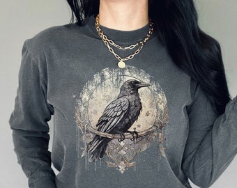 Dark Academia Raven Long Sleeve Tshirt Gothic Trendy Crow Long Sleeve Top Grunge Fashion Alt Edgar Allan Poe Graphic Tees Mythical Mystical