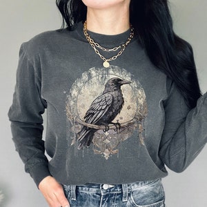 Dark Academia Raven Long Sleeve Tshirt Gothic Trendy Crow Long Sleeve Top Grunge Fashion Alt Edgar Allan Poe Graphic Tees Mythical Mystical