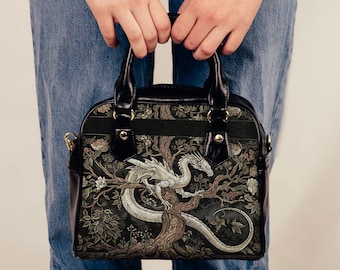 Vintage Mythical Medieval Dragon Shoulder Handbag Gothic Witchy Tree of Life Dark Academia Crossbody Bag Fantasy Purse Middle Ages Gift