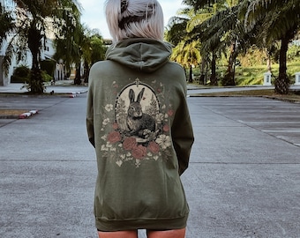 Whimsical Vintage Victorian Woodland Rabbit Hoodie Old Nature Tree Shirt Forest core Hoody Cottage Sweater Cute Goblincore Botanical Top