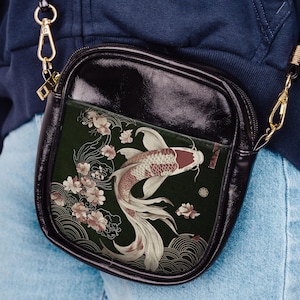Japanese Koi Fish Saddle Bag Vintage Asian Art Nouveau Shoulder Bag Satchel Trendy Ancient Japan Pond Tokyo Style Crossbody Bag Antique Old