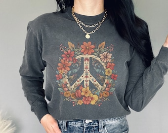 Happy Floral Vintage Boho Peace Long Sleeve Tshirt Minimalist Hand Drawn Good Vibes Long Sleeved Cotton Top Nostalgia Street Wear Clothes