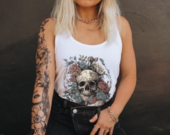 Soft Goth Human Skull Tattoo Design Tank Top Vintage Shirt Skeleton Racerback Floral Skull Summer Holiday Tee Gothic Biker Nu Whimsigoth