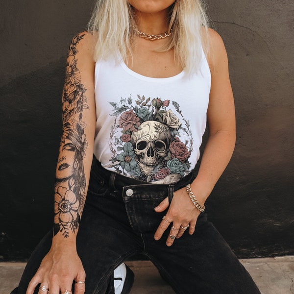 Soft Goth Human Skull Tattoo Design Tank Top Vintage Shirt Skeleton Racerback Floral Skull Summer Holiday Tee Gothic Biker Nu Whimsigoth