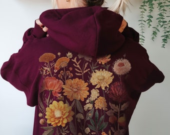 Retro Boho Fall Pressed Flowers Hoodie Vintage Floral Autumn Leaf Sweater Botanical Cottagecore Shirt Aesthetic Green Witch Graphic Hoodies