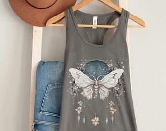 Vintage Boho Dreamy Luna Moth Womens Tank Top Celestial Charms Lunar White Moth Tee Moon Stars Botanical Floral Star Top Racerback Tank