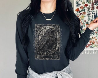 Vintage Whimsical Gothic Raven Long Sleeve Tshirt Whimsigoth Tarot Card Crow Light Sweatshirt Grunge Boyfriend Gift Dark Academia Clothing