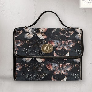 Gothic Moth Black Grey Canvas Handbag Dark Academia Cottagecore Purse Lock Bag Goth Goblincore Eerie Crossbody Satchel Nature Witch Shoulder