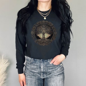 Celtic Norse Tree of Life Long Sleeve Tshirt Golden Wiccan Pagan Roots Graphic Long Sleeve Tees Viking Sweater Cottagecore Mystical Nature