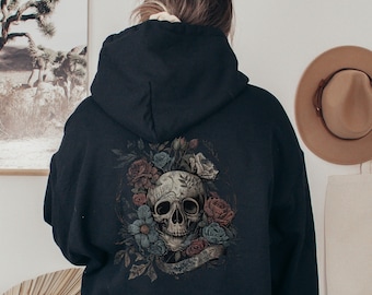Gothic Human Skull Hoodie Rocker Floral Skeleton Shirt Soft Goth Nu Hoody Streetwear Clothing Sweatshirt Romantic Roses Whimsigoth Rocker